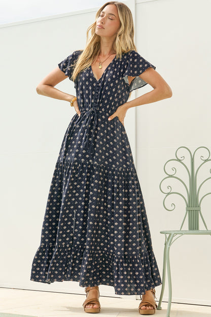 Ellise Maxi Dress - Crochet Trim V Neck Dress with Flutter Sleeves in Kendy Print Navy