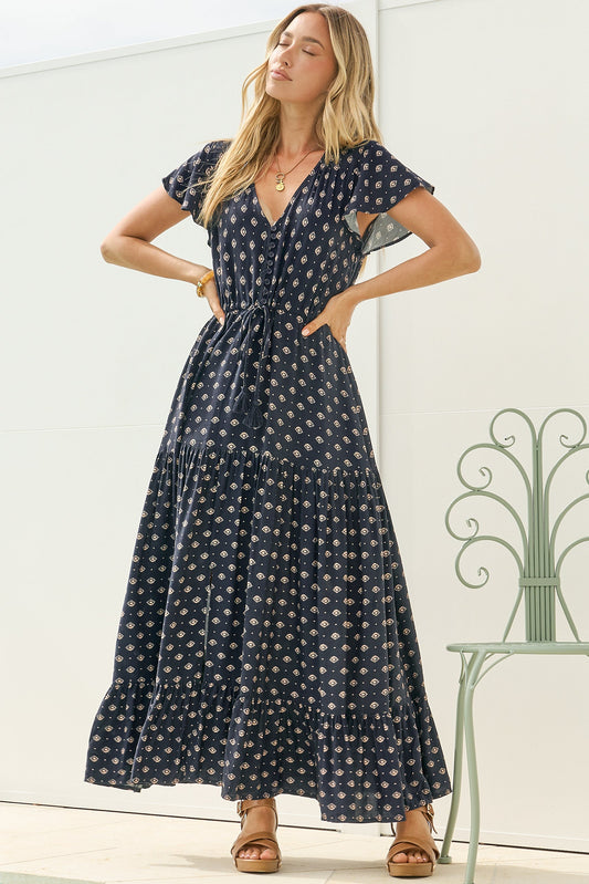 Ellise Maxi Dress - Crochet Trim V Neck Dress with Flutter Sleeves in Kendy Print Navy