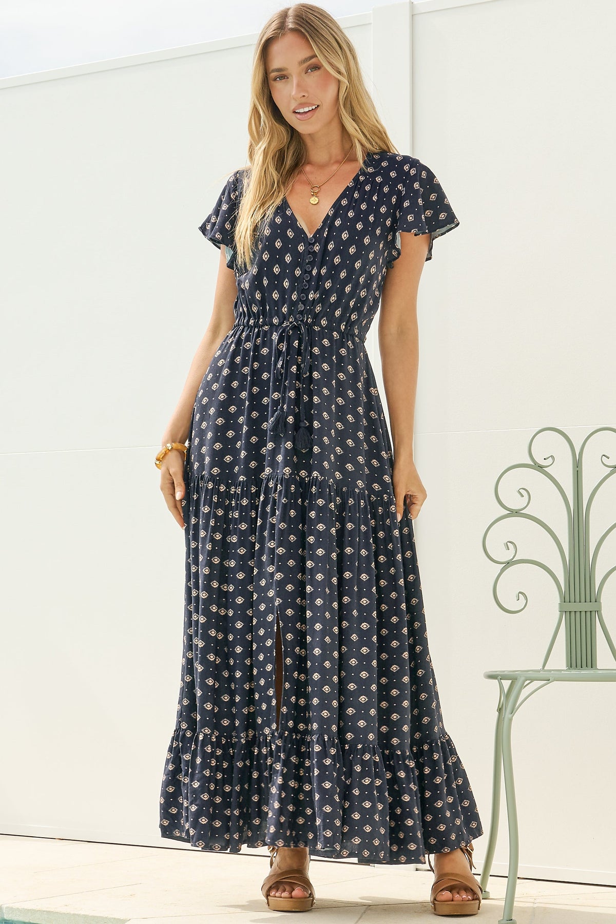 Ellise Maxi Dress - Crochet Trim V Neck Dress with Flutter Sleeves in Kendy Print Navy