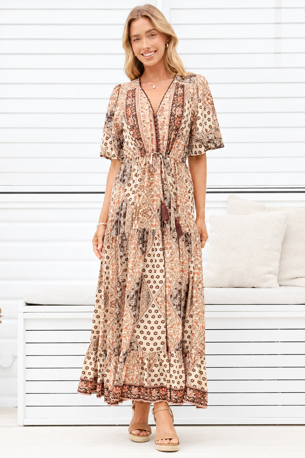 Ellise Maxi Dress - Crochet Trim V Neck Dress with Cap Sleeves in Boba Print