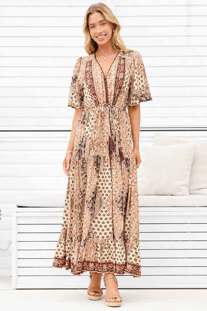 Ellise Maxi Dress - Crochet Trim V Neck Dress with Cap Sleeves in Boba Print