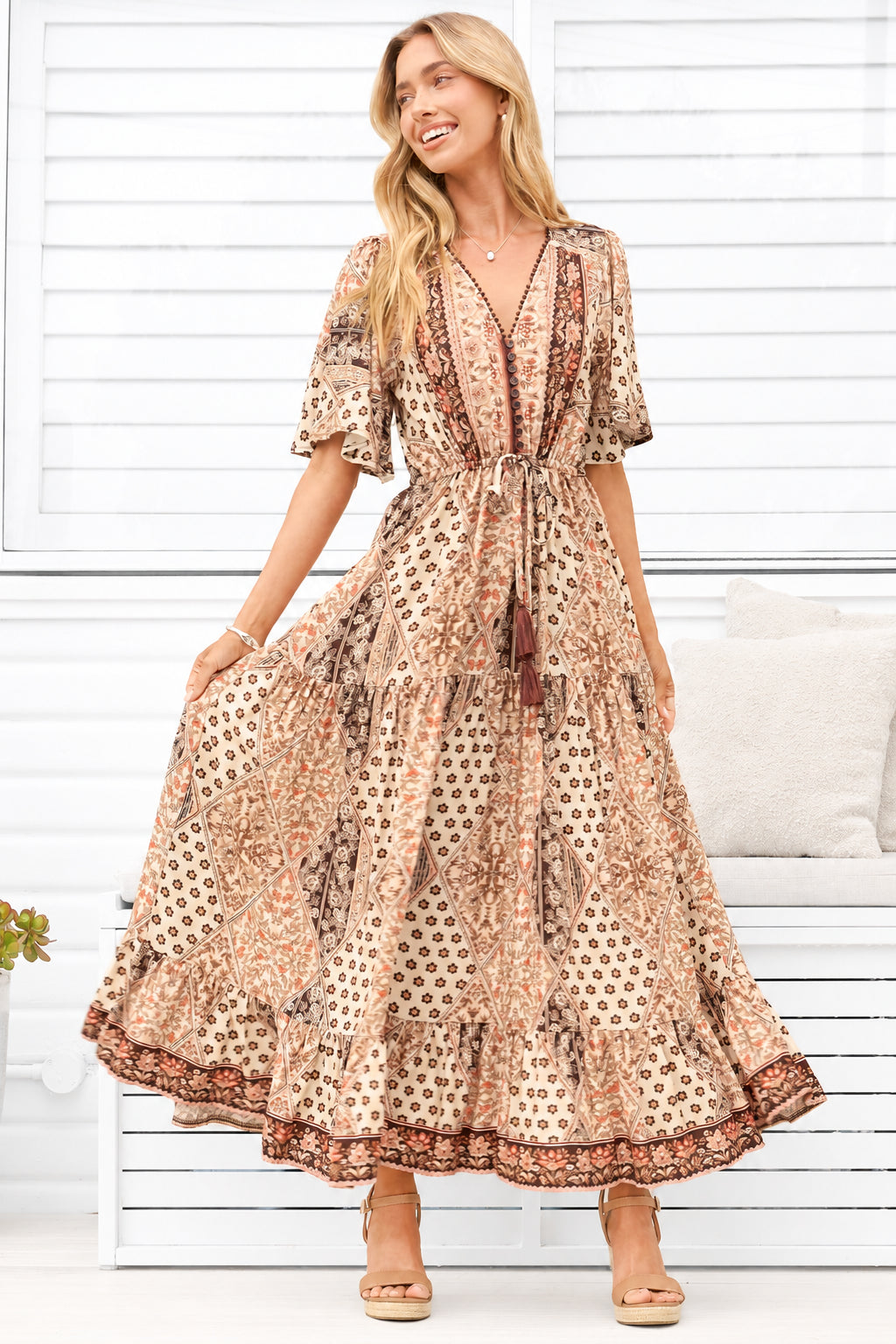 Ellise Maxi Dress - Crochet Trim V Neck Dress with Cap Sleeves in Boba Print
