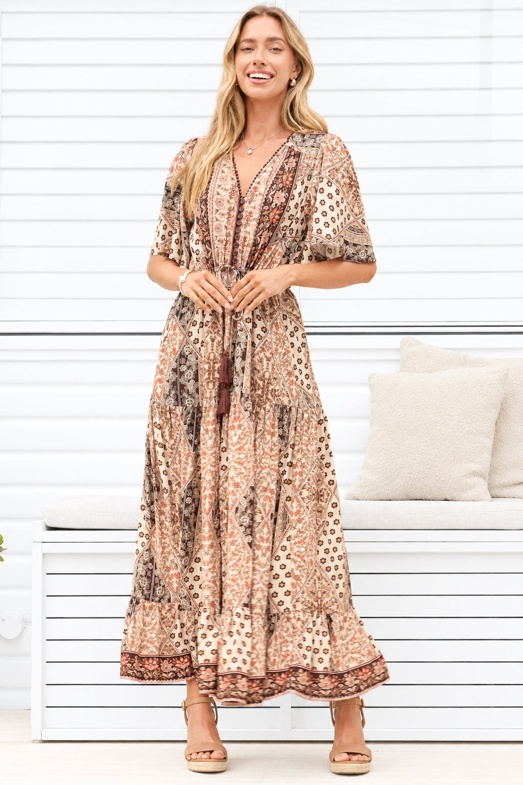 Ellise Maxi Dress - Crochet Trim V Neck Dress with Cap Sleeves in Boba Print