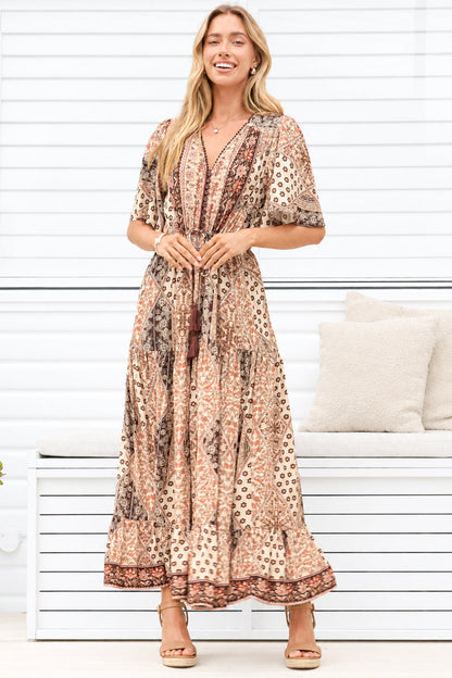 Ellise Maxi Dress - Crochet Trim V Neck Dress with Cap Sleeves in Boba Print