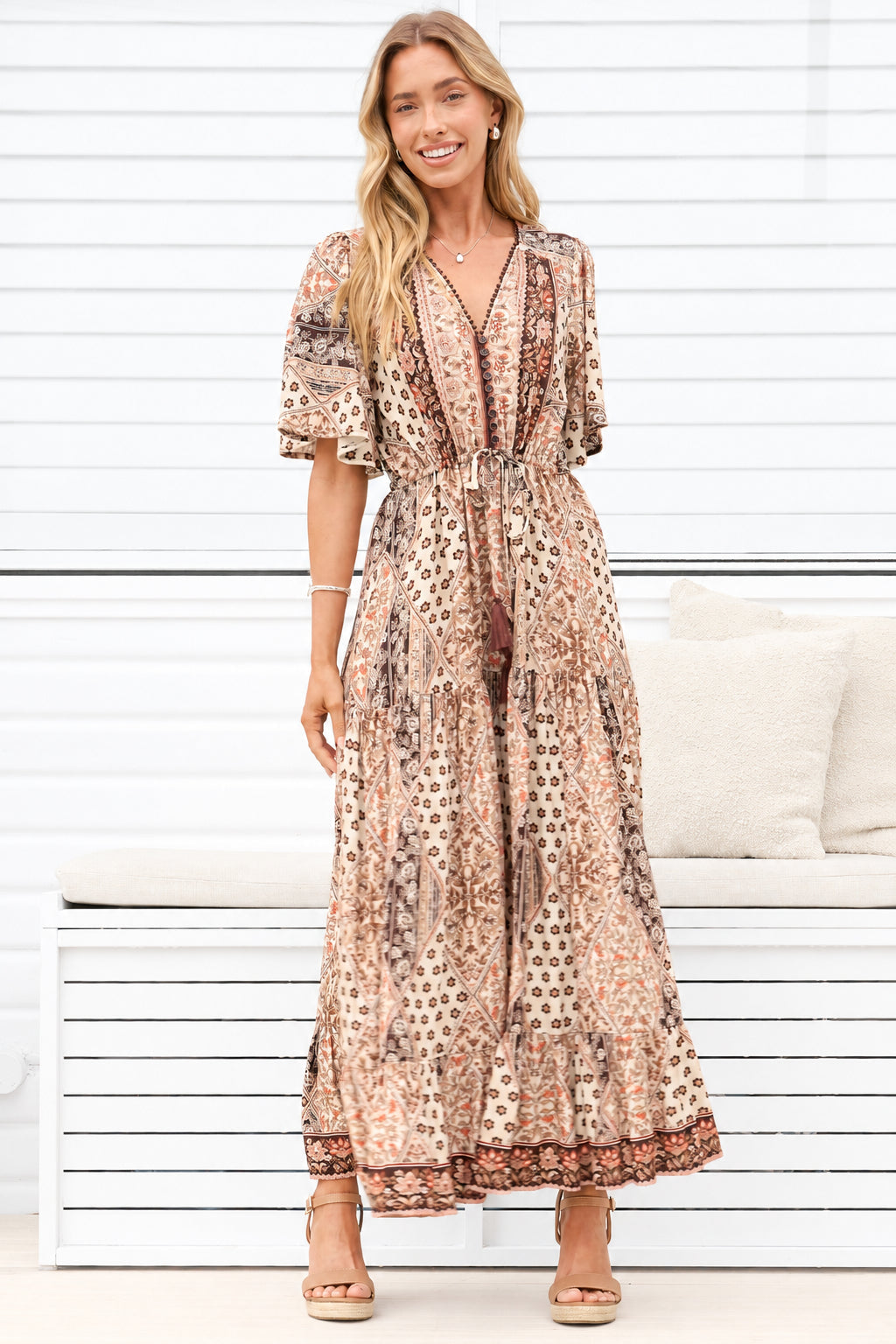 Ellise Maxi Dress - Crochet Trim V Neck Dress with Cap Sleeves in Boba Print