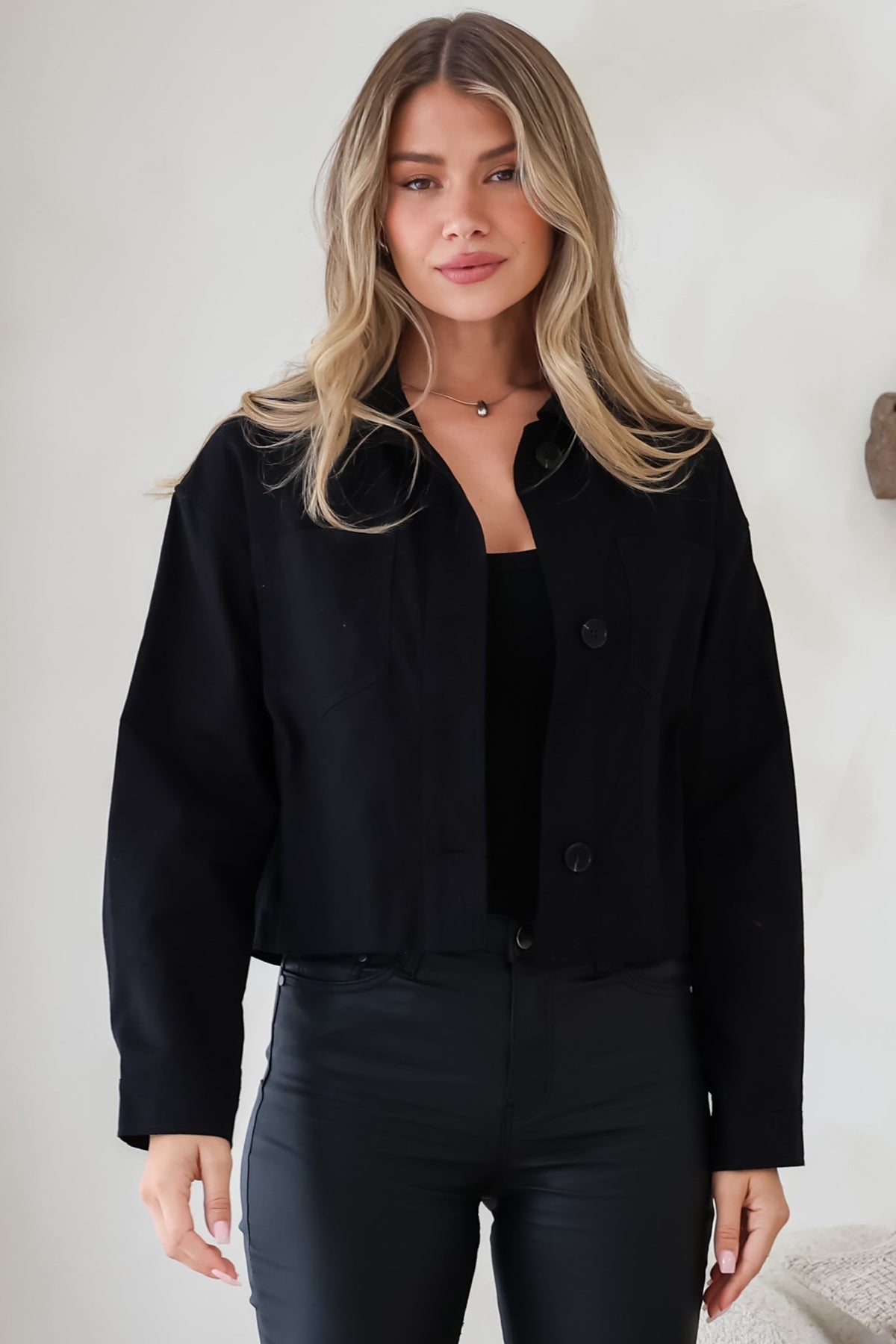 Elma Jacket - Wing Collar Button Down Cropped Jacket in Black