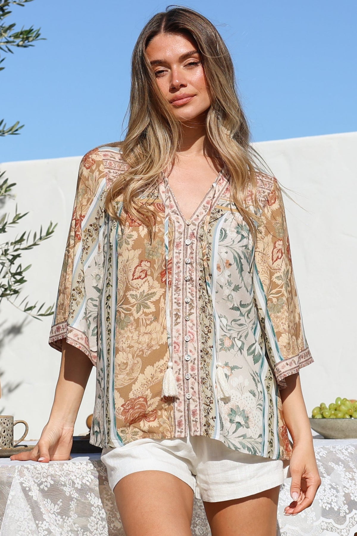 Elysia Blouse - Deep V Neck Button Down 3/4 Sleeve Top in Lyla Print