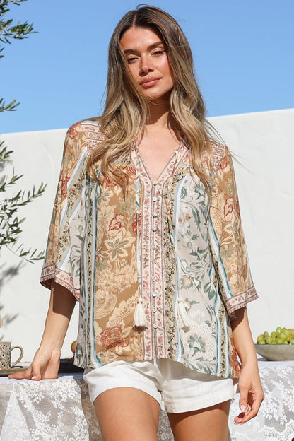 Elysia Blouse - Deep V Neck Button Down 3/4 Sleeve Top in Lyla Print