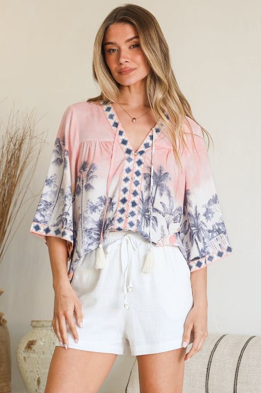 Elysia Blouse - Deep V Neck Button Down 3/4 Sleeve Top in Armena Print
