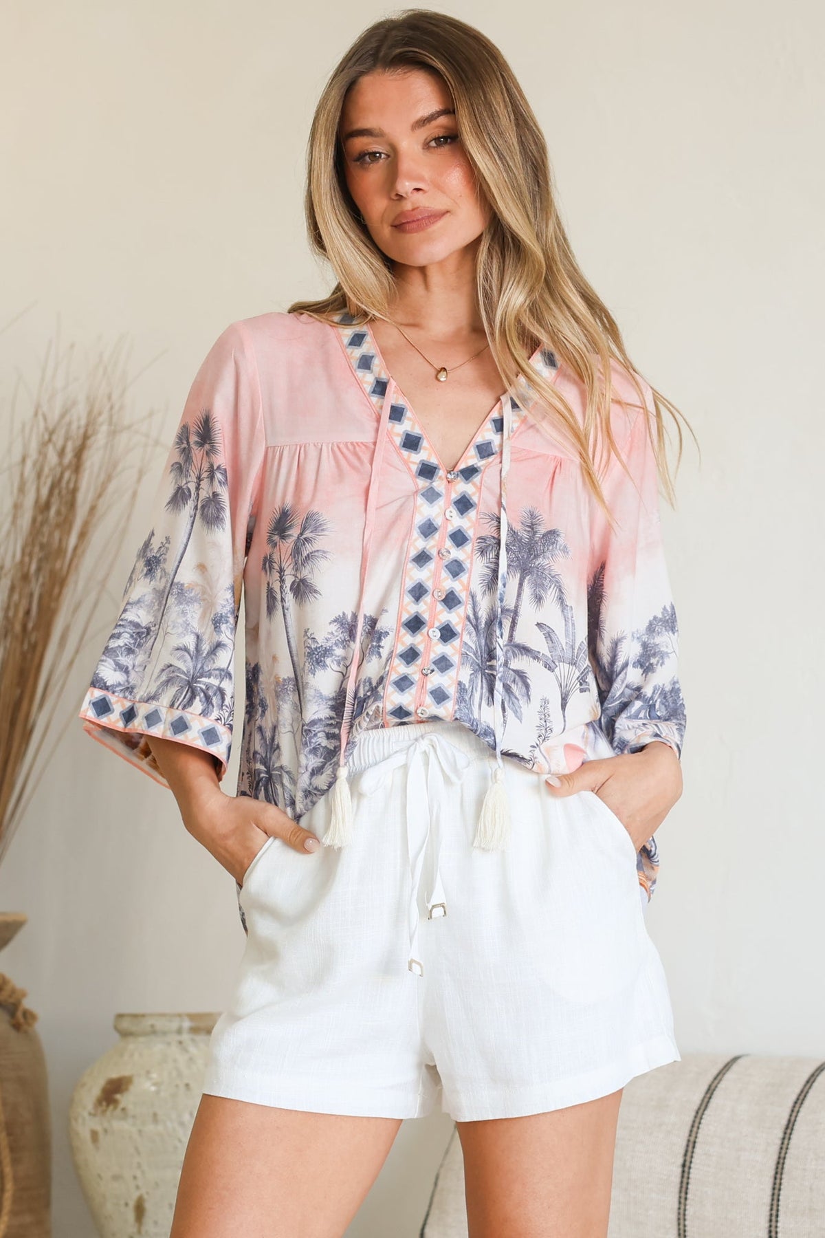 Elysia Blouse - Deep V Neck Button Down 3/4 Sleeve Top in Armena Print