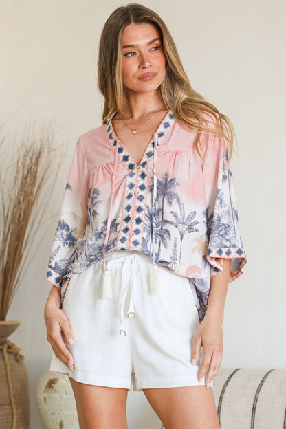 Elysia Blouse - Deep V Neck Button Down 3/4 Sleeve Top in Armena Print