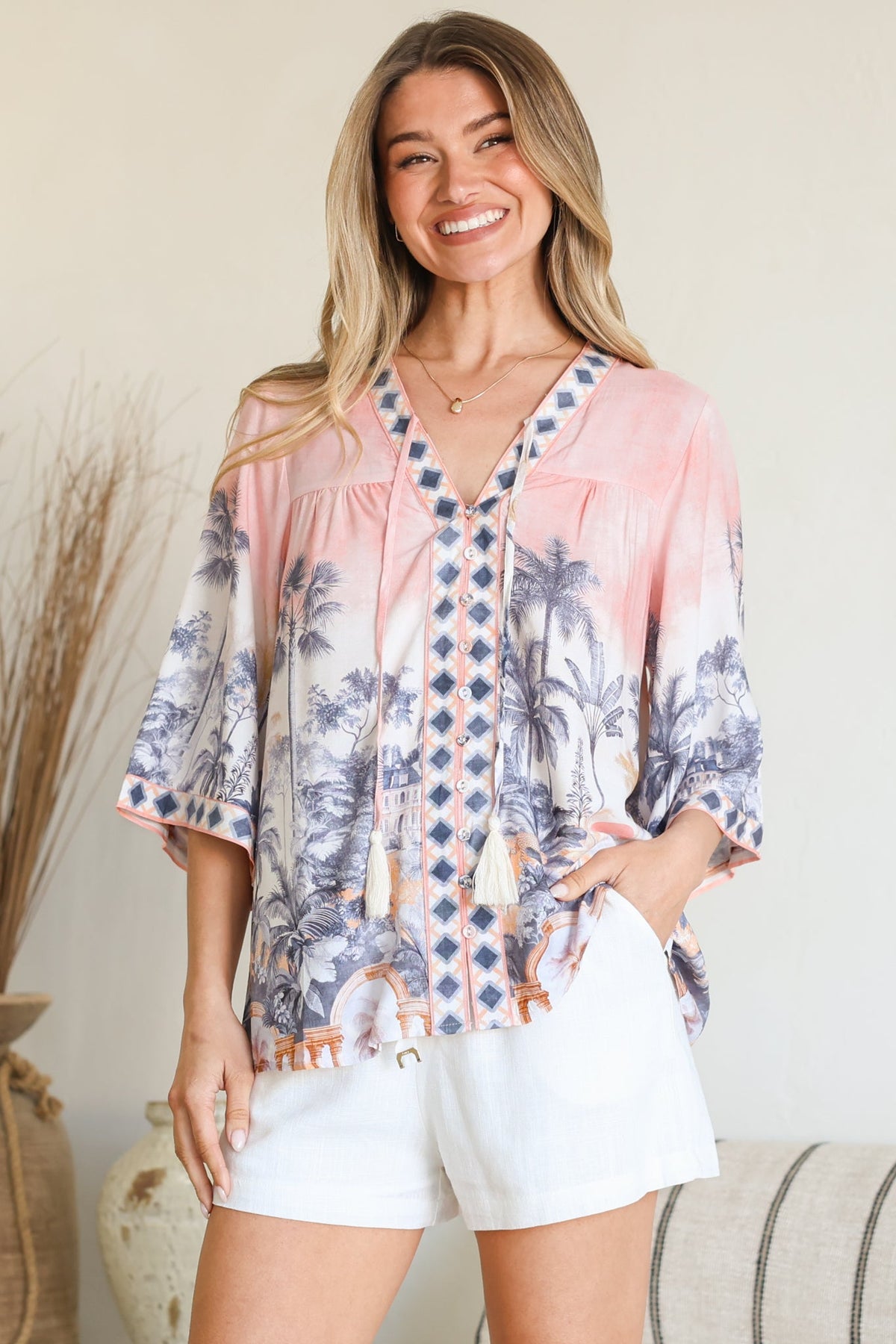 Elysia Blouse - Deep V Neck Button Down 3/4 Sleeve Top in Armena Print