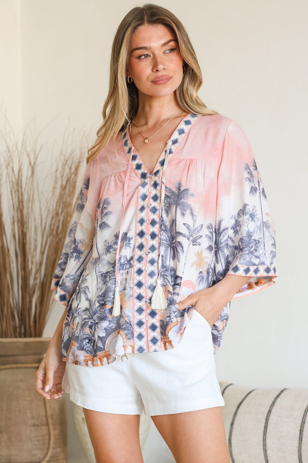 Elysia Blouse - Deep V Neck Button Down 3/4 Sleeve Top in Armena Print
