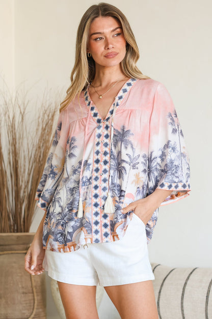 Elysia Blouse - Deep V Neck Button Down 3/4 Sleeve Top in Armena Print