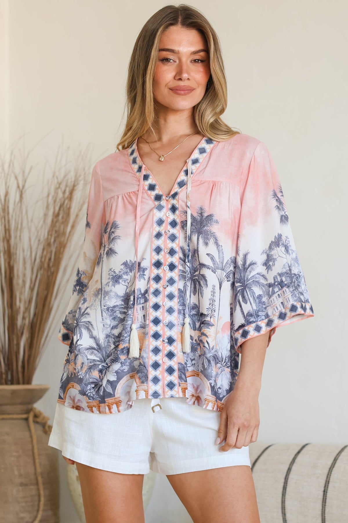 Elysia Blouse - Deep V Neck Button Down 3/4 Sleeve Top in Armena Print