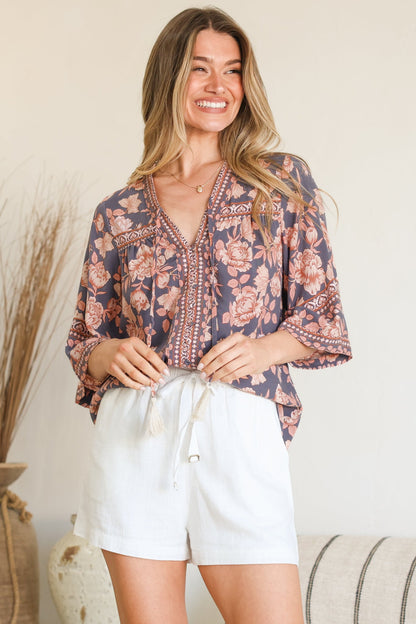 Elysia Blouse - Deep V Neck Button Down 3/4 Sleeve Top in Leandra Print