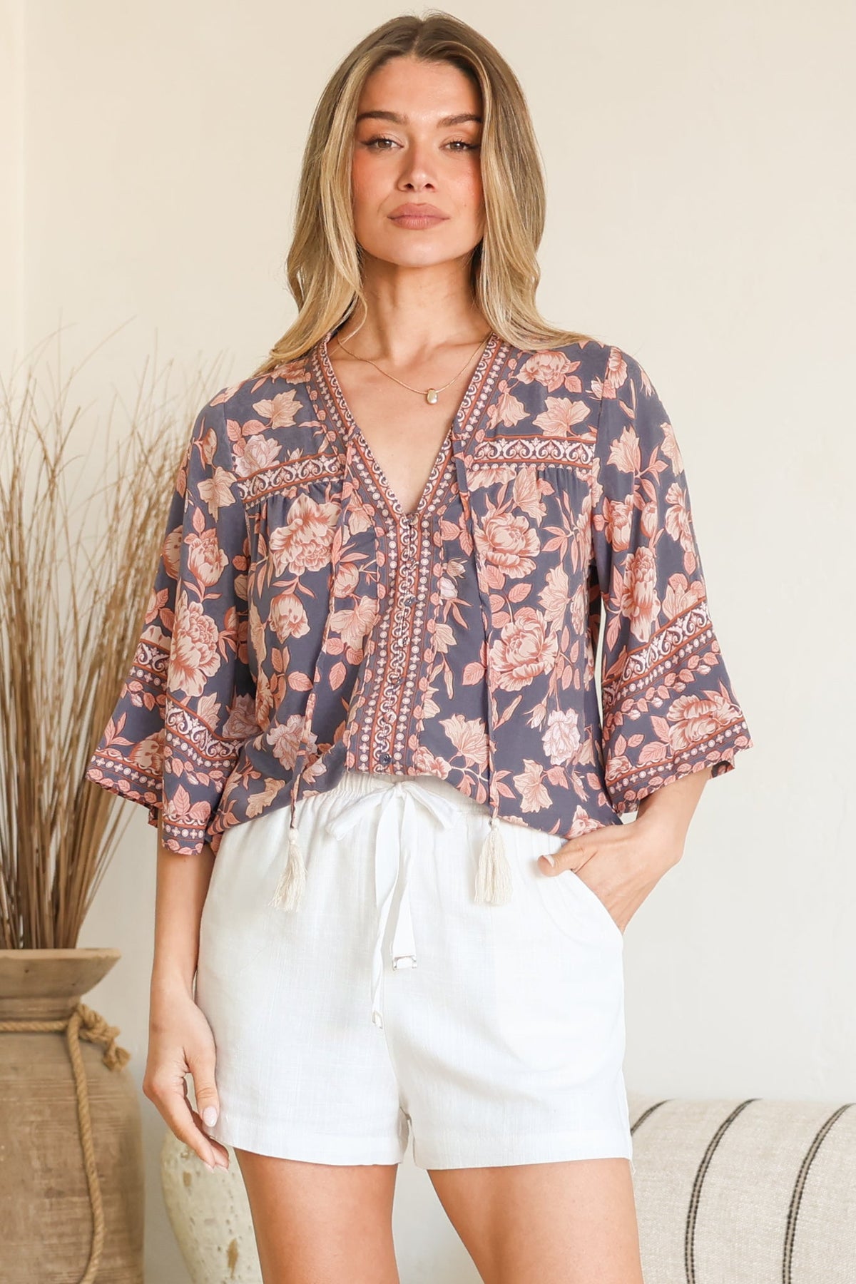 Elysia Blouse - Deep V Neck Button Down 3/4 Sleeve Top in Leandra Print
