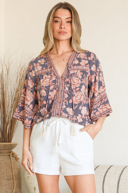 Elysia Blouse - Deep V Neck Button Down 3/4 Sleeve Top in Leandra Print