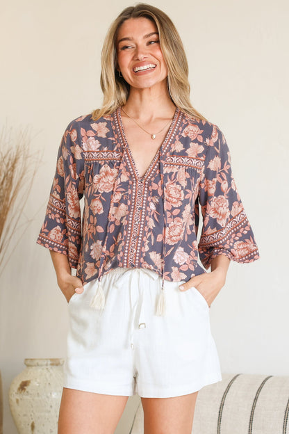 Elysia Blouse - Deep V Neck Button Down 3/4 Sleeve Top in Leandra Print