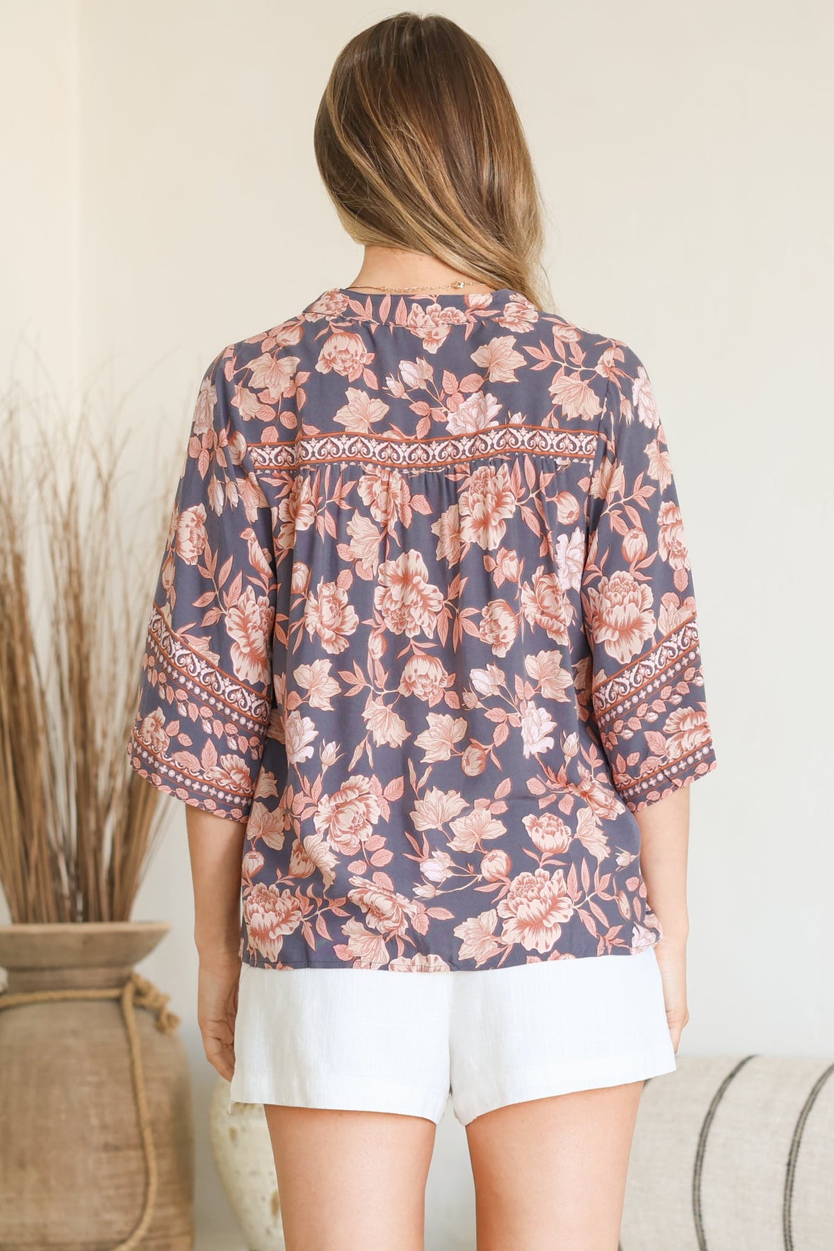 Elysia Blouse - Deep V Neck Button Down 3/4 Sleeve Top in Leandra Print