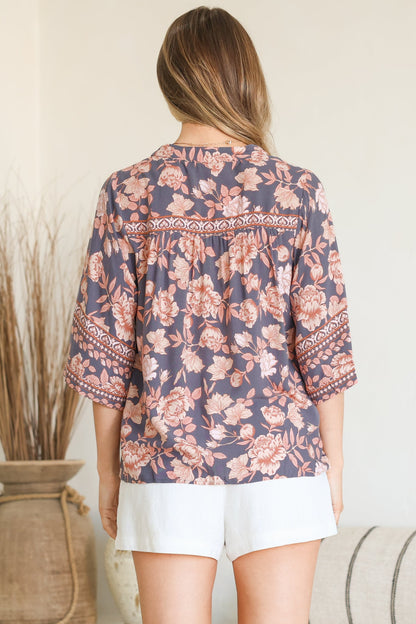 Elysia Blouse - Deep V Neck Button Down 3/4 Sleeve Top in Leandra Print