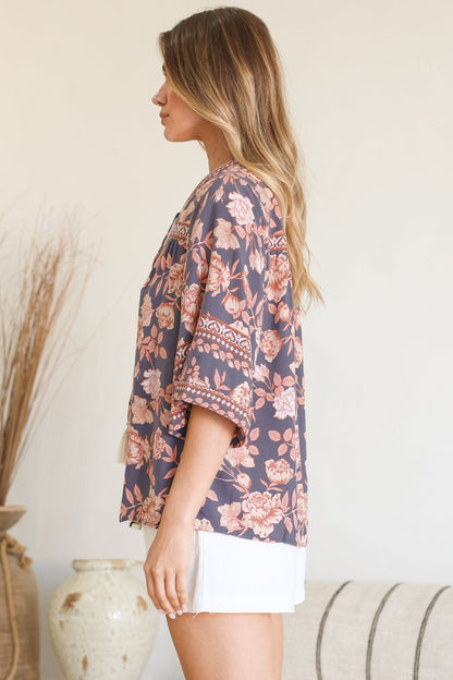 Elysia Blouse - Deep V Neck Button Down 3/4 Sleeve Top in Leandra Print