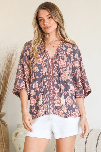 Elysia Blouse - Deep V Neck Button Down 3/4 Sleeve Top in Leandra Print