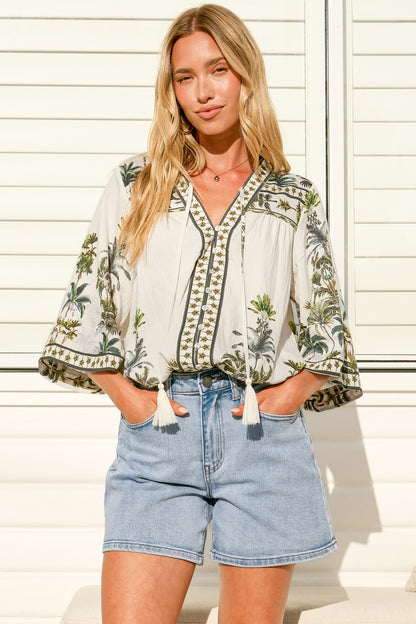 Elysia Blouse - Deep V Neck Button Down 3/4 Sleeve Top in Nessa Print