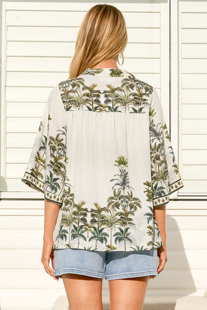 Elysia Blouse - Deep V Neck Button Down 3/4 Sleeve Top in Nessa Print