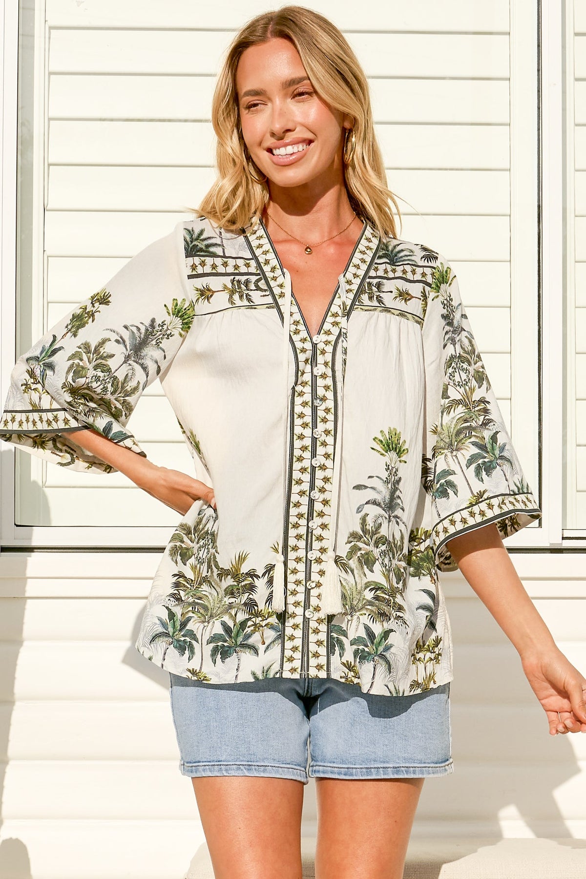 Elysia Blouse - Deep V Neck Button Down 3/4 Sleeve Top in Nessa Print