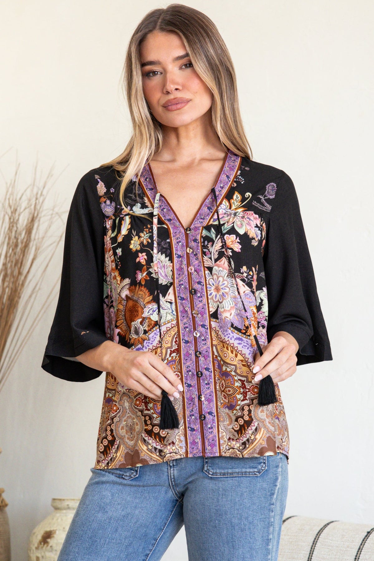 Elysia Blouse - Deep V Neck Button Down 3/4 Sleeve Top in Zaria Print