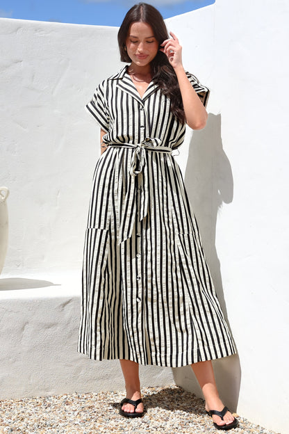 Estee Midi Dress - Collared Shirt Dress with Short Sleeves and Matching Belt in Stripe Black