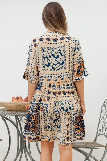 Evie Mini Dress - 3/4 Sleeve Tiered Smock Dress in Alphy Print