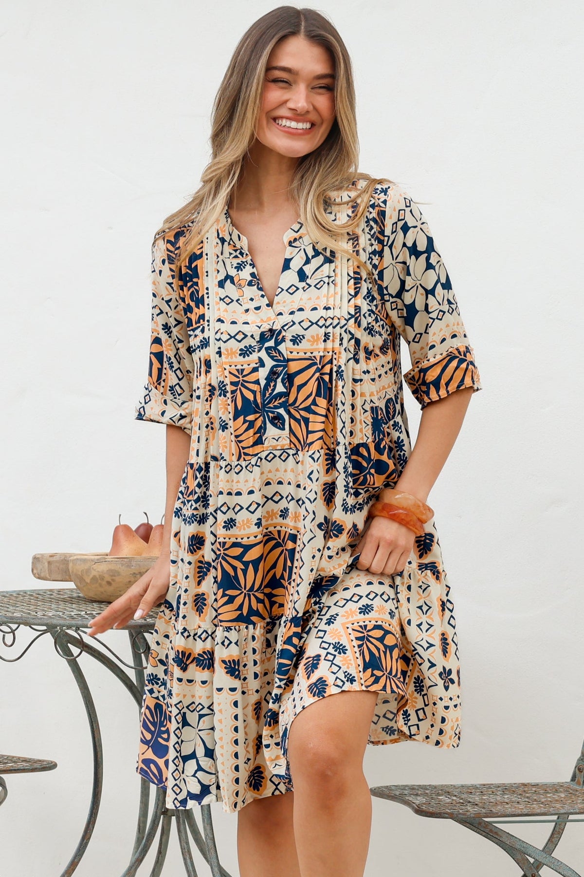 Evie Mini Dress - 3/4 Sleeve Tiered Smock Dress in Alphy Print