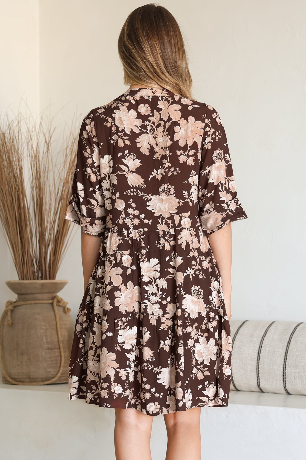 Evie Mini Dress - 3/4 Sleeve Tiered Smock Dress in Hollis Print Brown