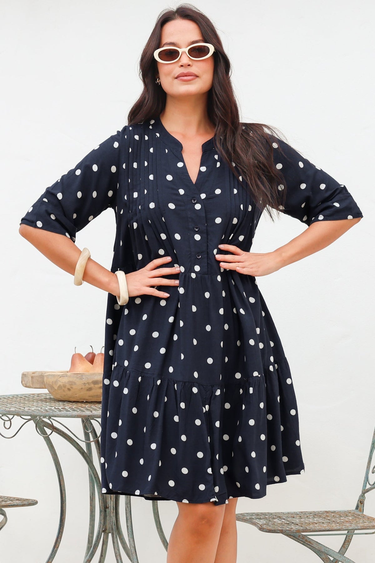 Evie Mini Dress - 3/4 Sleeve Tiered Smock Dress in Parisian Polka Navy