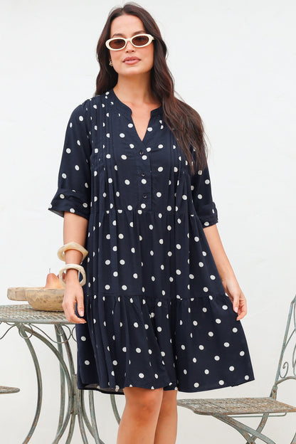 Evie Mini Dress - 3/4 Sleeve Tiered Smock Dress in Parisian Polka Navy