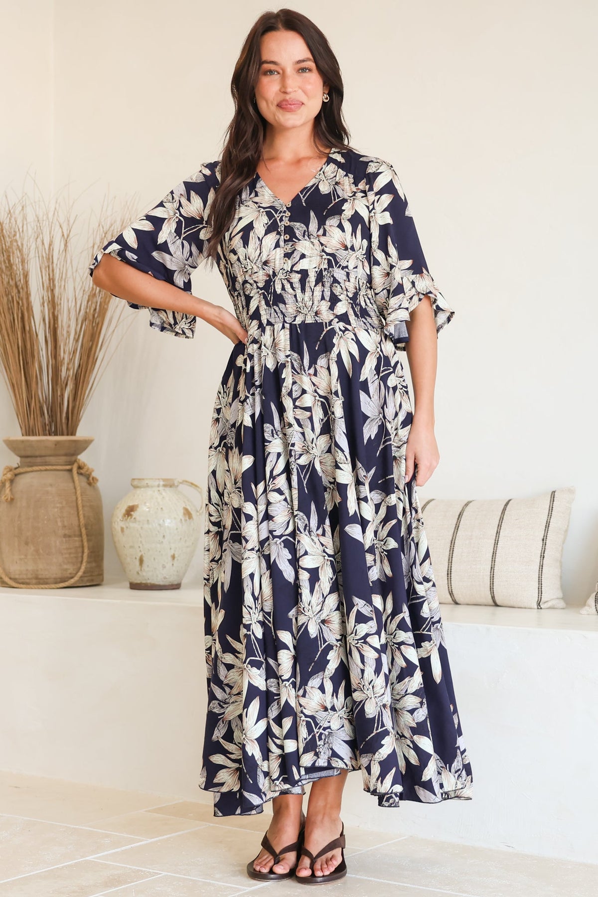 Frigg Maxi Dress - Buttoned Bodice A Line Dress With Flute Sleeves In Navy