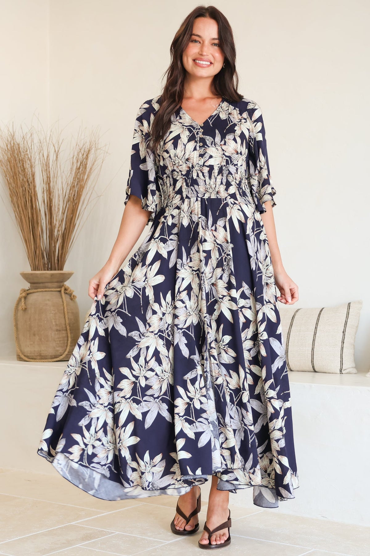Frigg Maxi Dress - Buttoned Bodice A Line Dress With Flute Sleeves In Navy