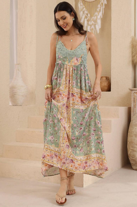Georgette Maxi Dress - V Neck Lace Motif Sun Dress with Adjustable Straps in Ottilie Print