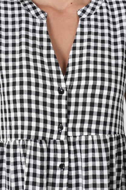Greta Mini Dress - Manadrin Collar Button Down Dress in Gingham Print Black