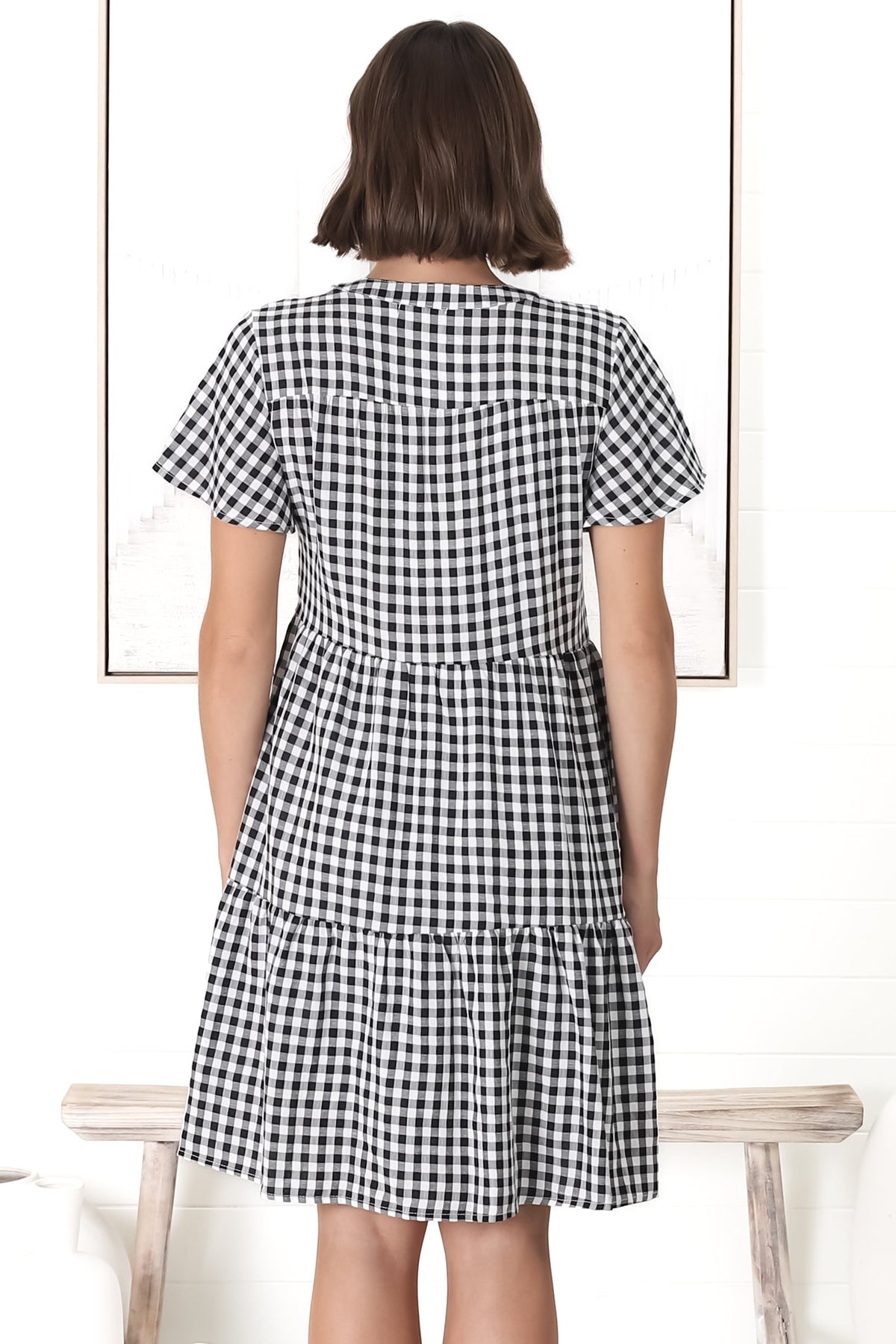 Greta Mini Dress - Manadrin Collar Button Down Dress in Gingham Print Black