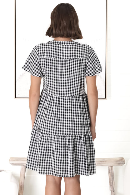Greta Mini Dress - Manadrin Collar Button Down Dress in Gingham Print Black