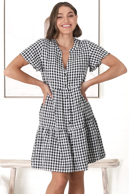 Greta Mini Dress - Manadrin Collar Button Down Dress in Gingham Print Black