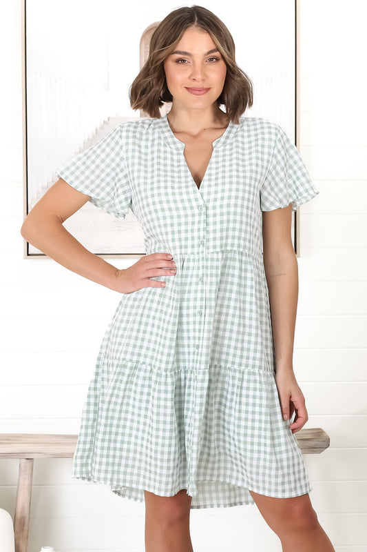 Greta Mini Dress - Manadrin Collar Button Down Dress in Gingham Print Green
