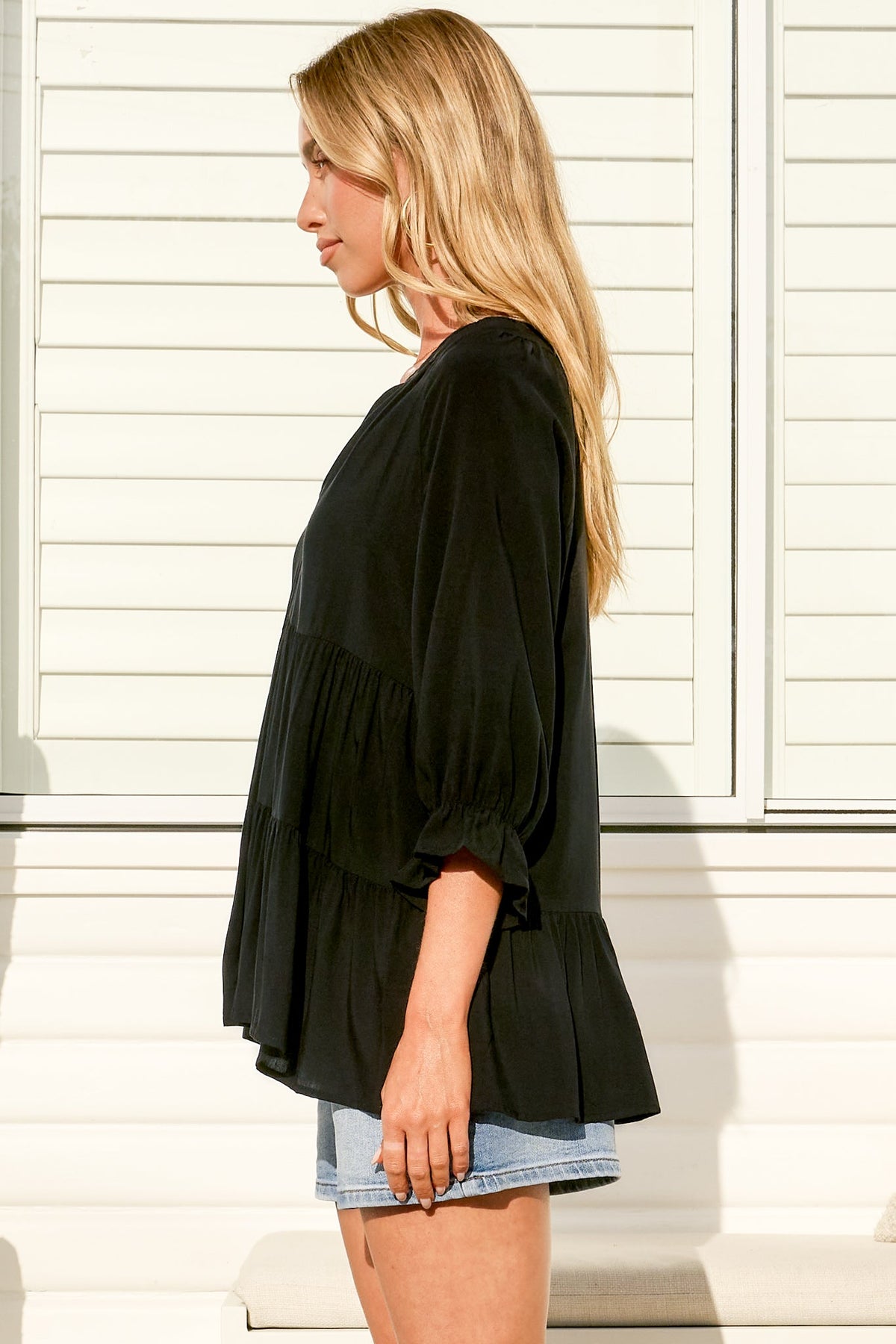 Greta Top - Mandarin Collar Smock Top Black
