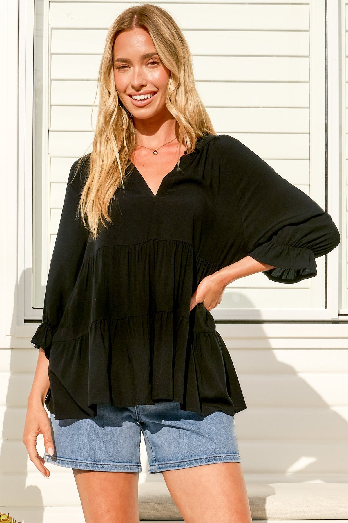 Greta Top - Mandarin Collar Smock Top Black
