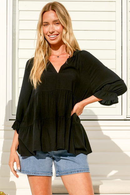 Greta Top - Mandarin Collar Smock Top Black