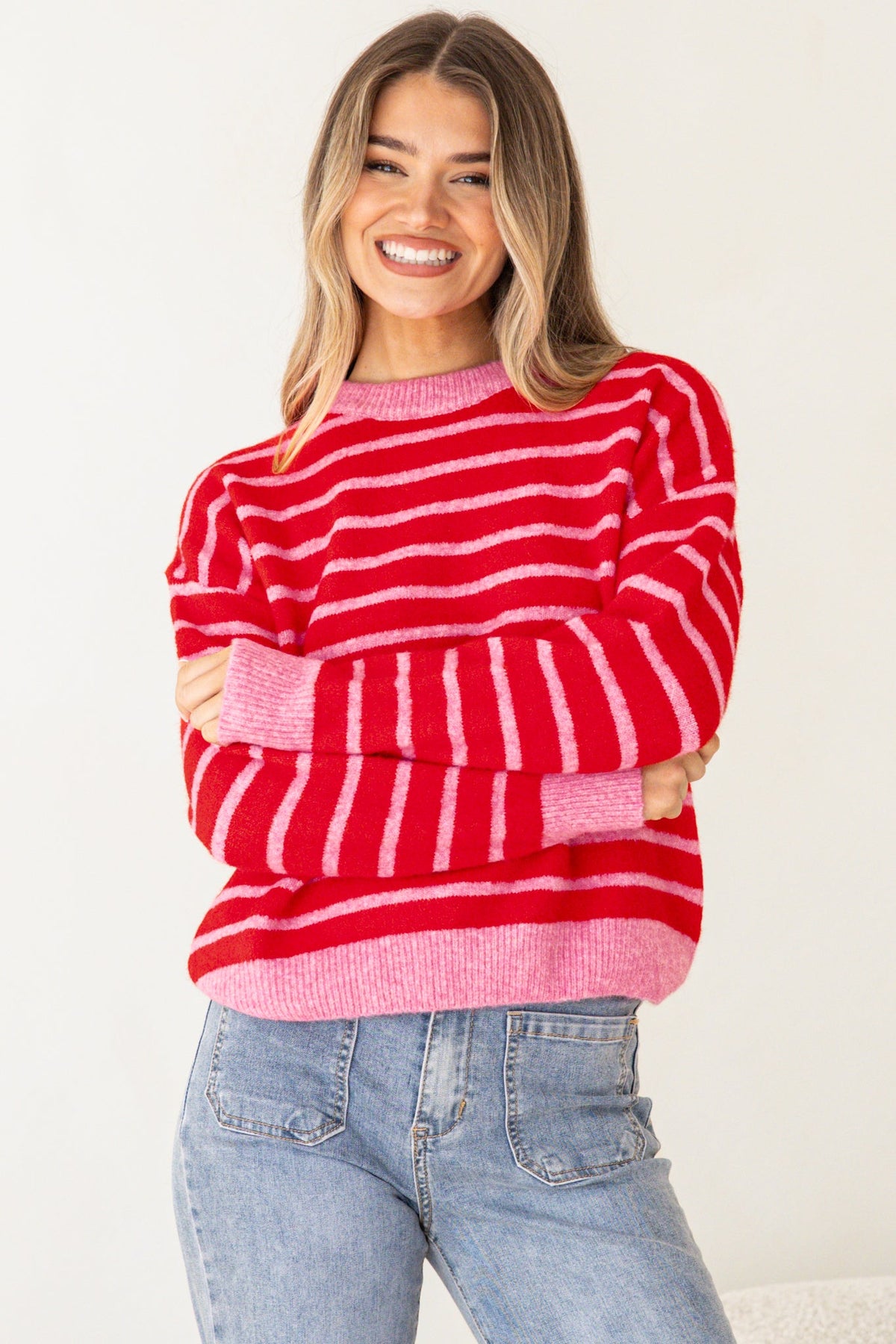 Hershey Jumper - Crew Neck Striped Ribbed Hem Knit in Pink/Red