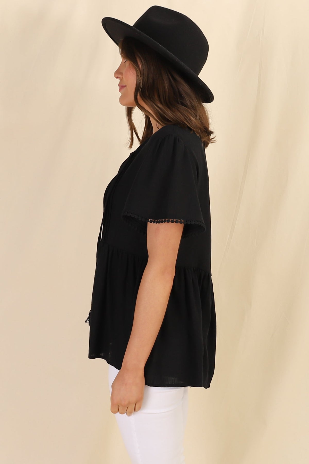 Mallory Top - Pleated Bodice Crochet Trim Cap Sleeve Smock Top in Black